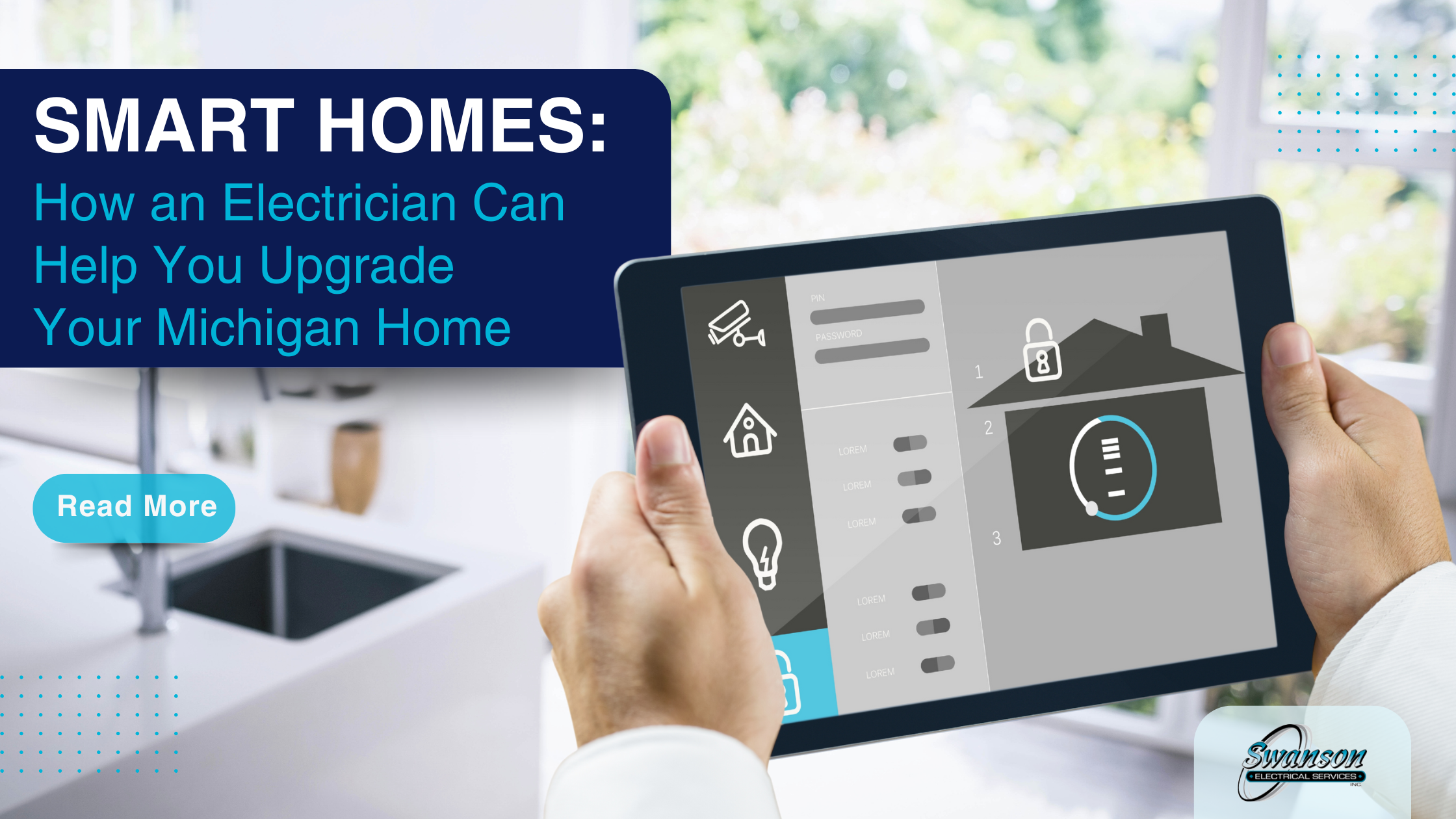 A person holds a tablet showing smart home controls, highlighting how a Smart Home Electrician in Michigan can upgrade local homes; a kitchen sink and window are visible in the background.