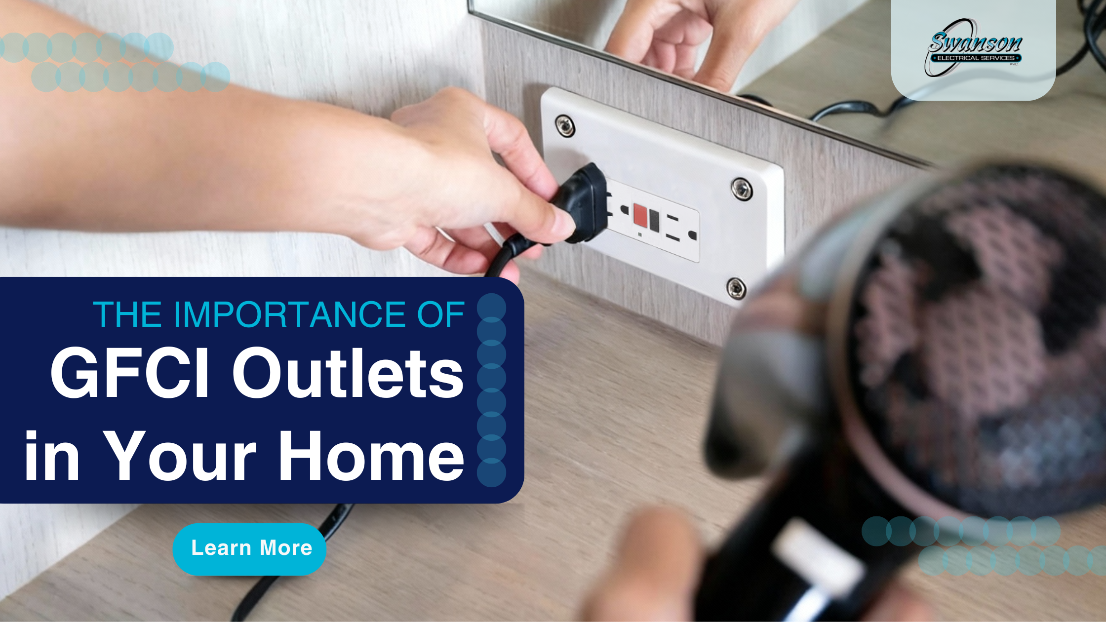 image of a GFCI outlet with text that reads "the importance of GFCI outlets in your home."