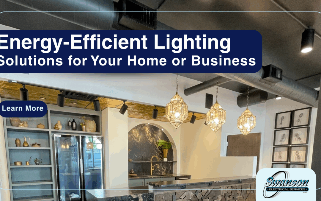 Modern kitchen with pendant lights and energy-efficient lighting, featuring Swanson Electrical Services branding and a "Learn More" button overlay.