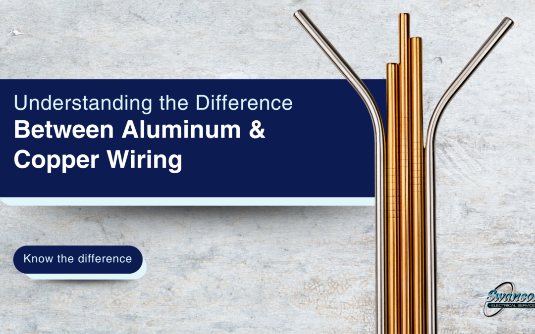 Four metallic tubes—two silver, two copper-colored—stand upright next to a blue banner that reads "Understanding the Difference Between Aluminum Copper Wiring.