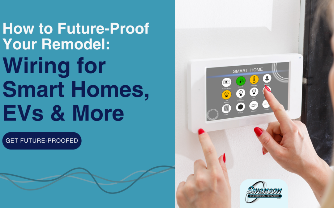 Person using a smart home control panel mounted on a wall, with promotional text about wiring for smart homes, EVs, and remodeling from Swanson Electric.