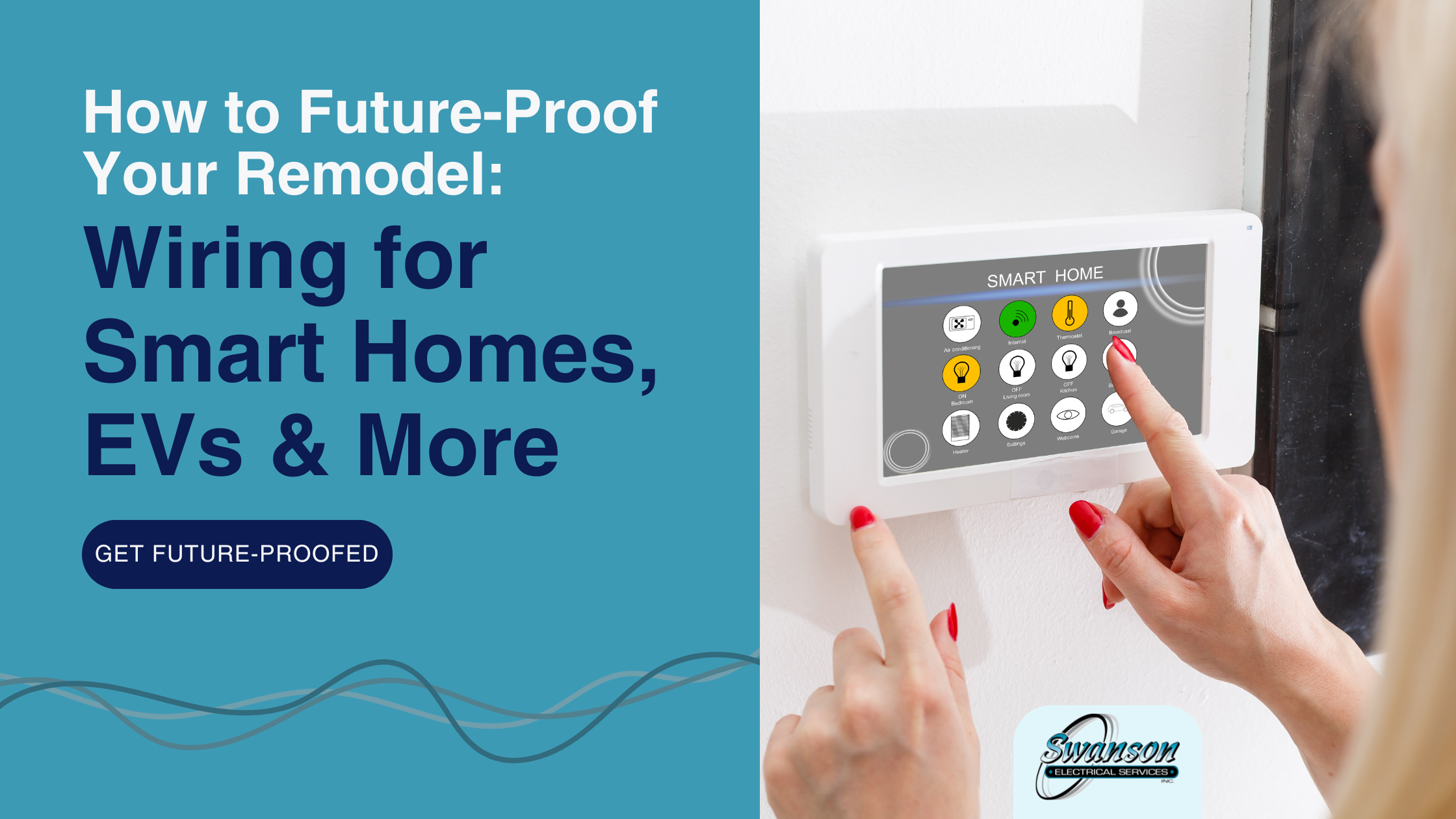 Person using a smart home control panel mounted on a wall, with promotional text about wiring for smart homes, EVs, and remodeling from Swanson Electric.