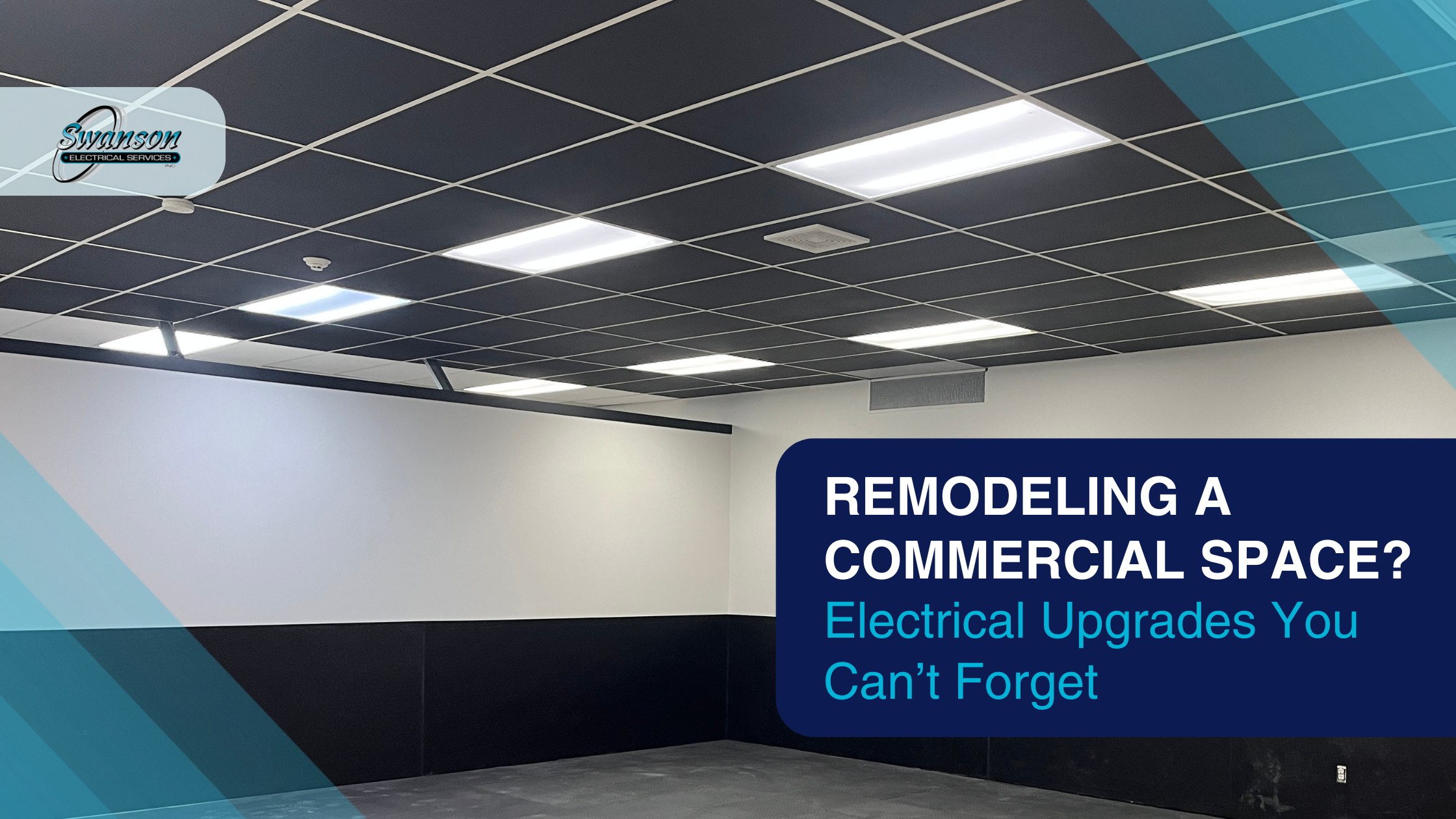Modern commercial space with a black grid ceiling, white and black walls, and bright ceiling lights; text overlay highlights important electrical upgrades completed during remodeling.