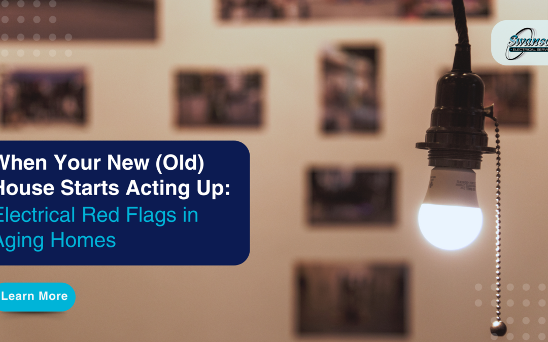 A lit light bulb hangs from a cord, sharply in focus against a blurred wall of photos, with a text box highlighting red flags for electrical issues in aging homes.