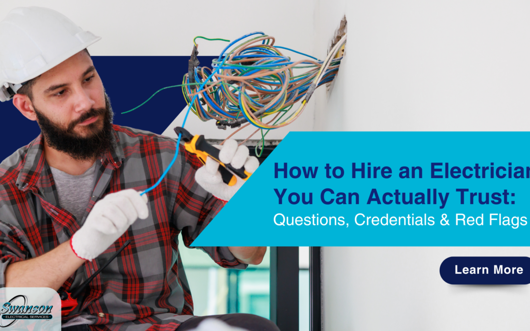 Man with a beard and white hard hat uses pliers on exposed wires; text overlay shares tips on how to hire an electrician you can trust, with a “Learn More” button.